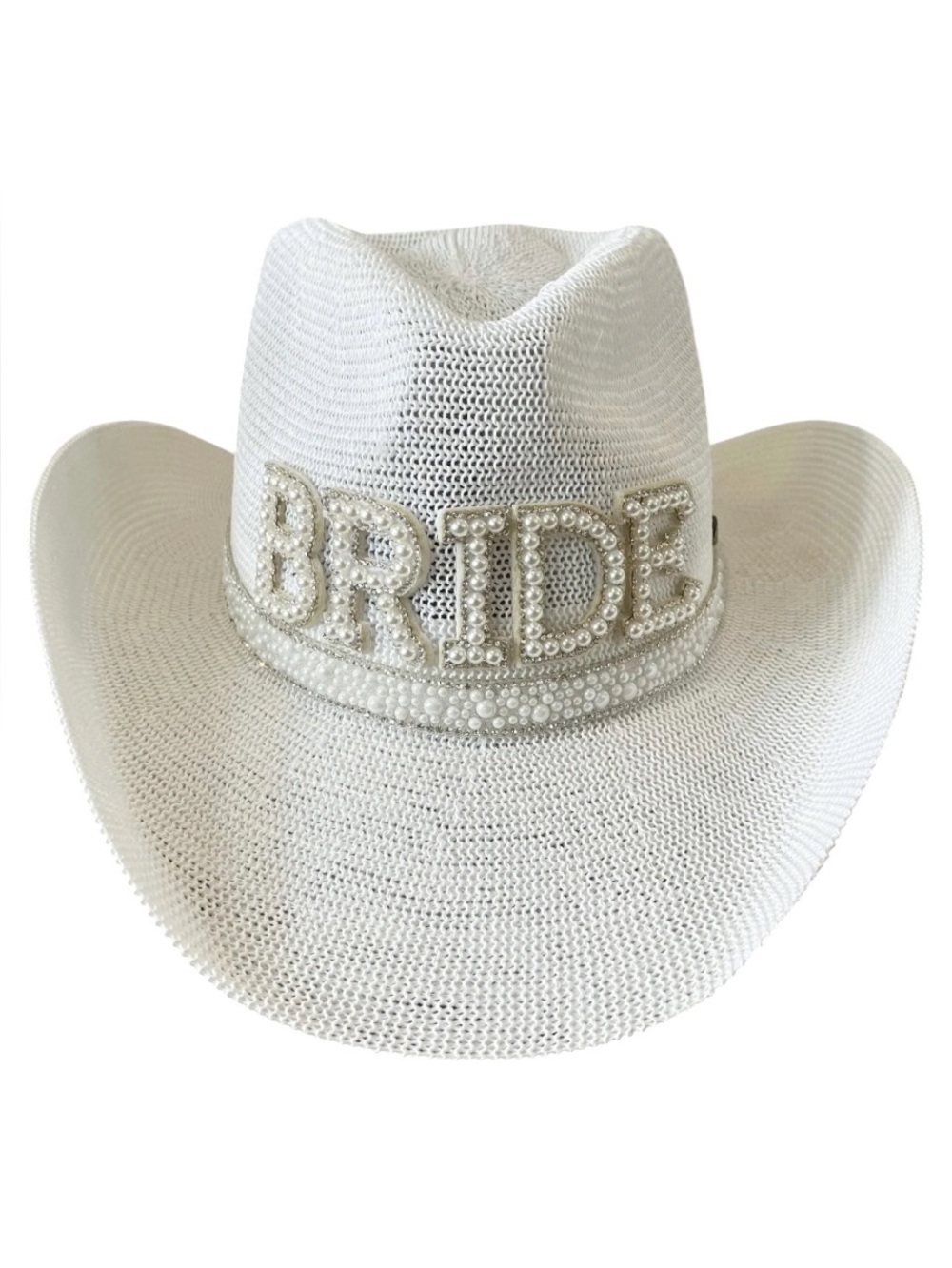 White 'BRIDE' Pearl-Embellished Straw Cowboy Hat